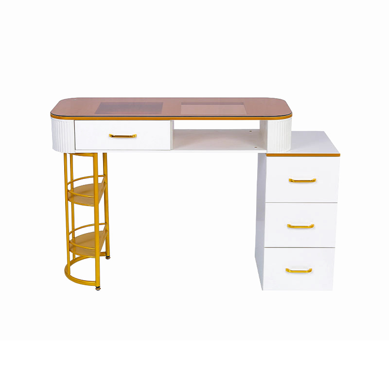 HZ2055 / HZ2055B Station de bureau à ongles avec plateau en verre pour table de manucure avec 4 tiroirs et étagères de rangement à 2 niveaux